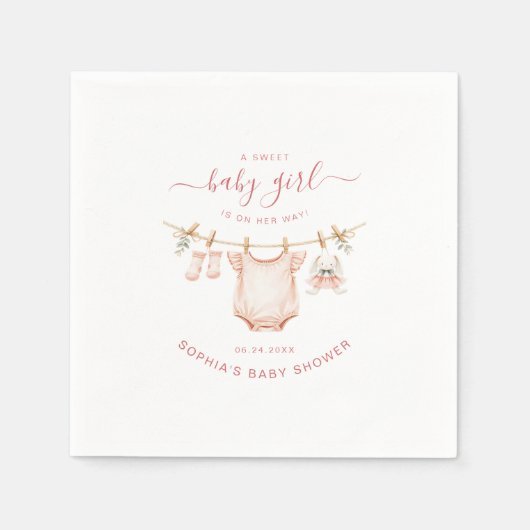 Blush Pink Clothesline Girl Baby Shower Paper Servet (Voorkant)
