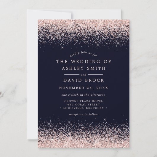 Blush Pink Confetti Navy Blue Huwelijksuitnodiging Kaart (Voorkant)