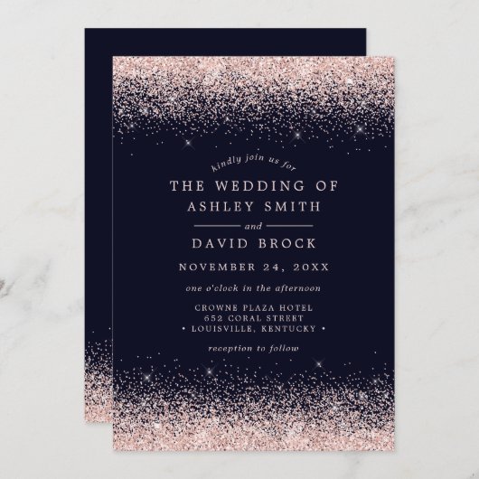 Blush Pink Confetti Navy Blue Huwelijksuitnodiging Kaart (Voorkant / Achterkant)