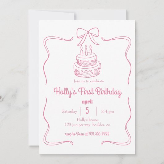 Blush Pink Coquette Bow 1st Birthday Cake Kaart (Voorkant)