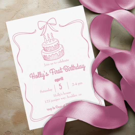 Blush Pink Coquette Bow 1st Birthday Cake Kaart