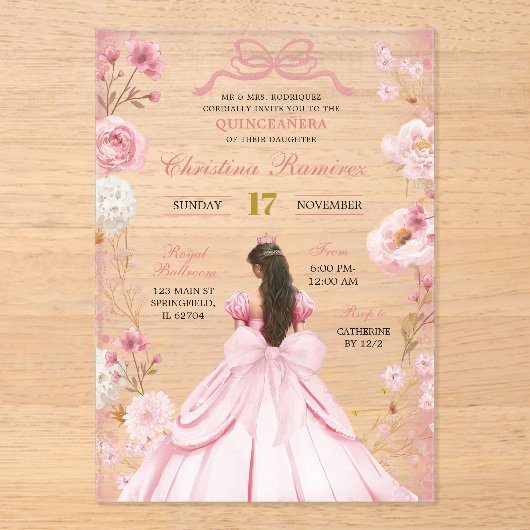 Blush Pink Coquette Bow Princess Quinceanera Acryl Uitnodigingen (Voorkant)