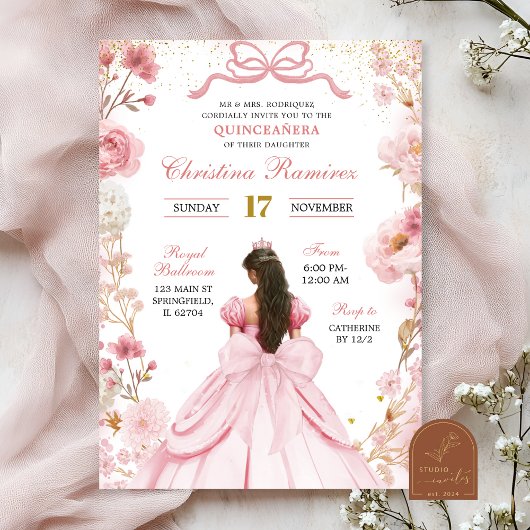 Blush Pink Coquette Bow Princess Quinceanera Kaart