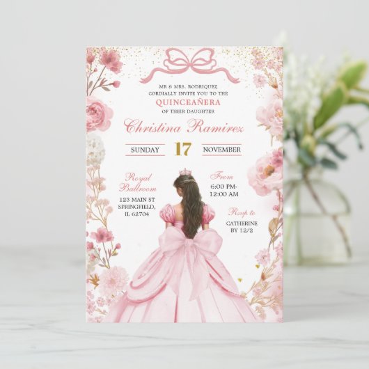 Blush Pink Coquette Bow Princess Quinceanera Kaart (Staand voorkant)