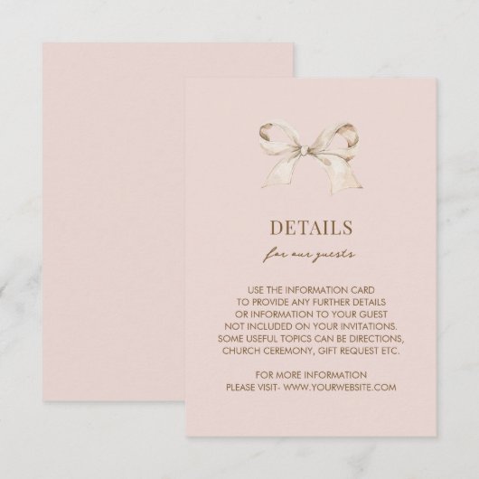 Blush Pink Coquette Bow Wedding Details Informatiekaartje (Voorkant / Achterkant)