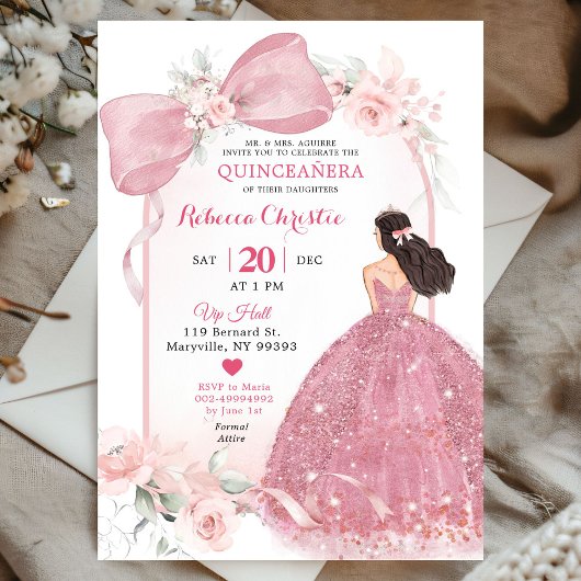 Blush Pink Coquette Floral Quinceañera Kaart