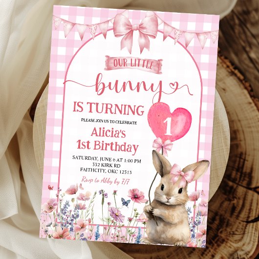 Blush Pink Coquette Little Bunny Floral Birthday Kaart