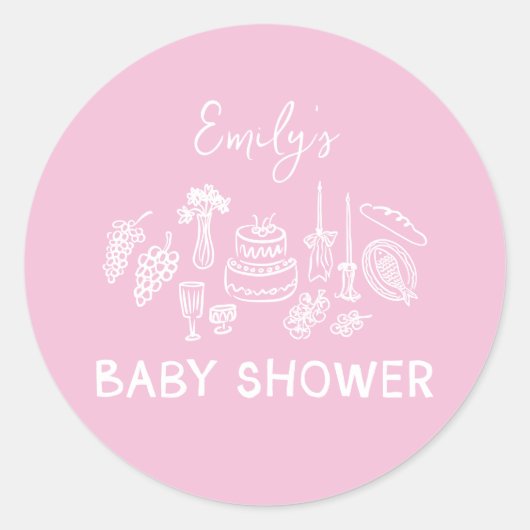 Blush Pink Coquette Modern handgetekende Baby show Ronde Sticker (Voorkant)