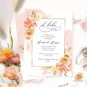 Blush Pink Coral and Peach Floral Girl Baby shower Kaart