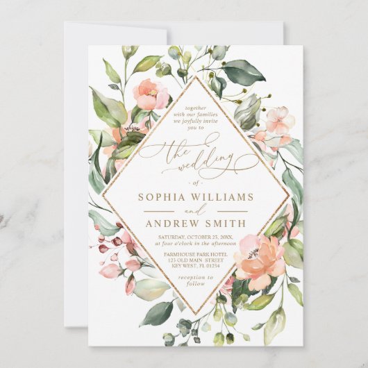 Blush Pink Coral Flowers & Gold Lijst Weddenschap Kaart (Voorkant)