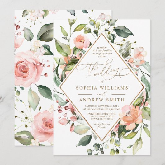 Blush Pink Coral Flowers & Gold Lijst Weddenschap Kaart (Voorkant / Achterkant)