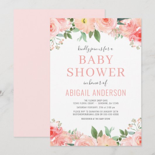 Blush Pink Coral Waterverf Baby shower Uitnodiging (Voorkant / Achterkant)
