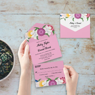 Blush Pink Country Modern Spring Floral Wedding All In One Uitnodiging