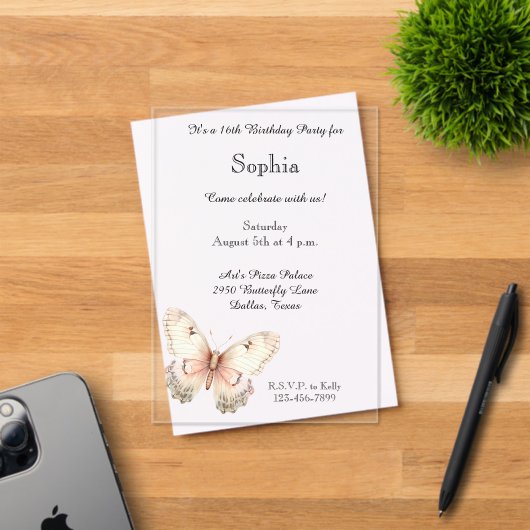 Blush Pink Cream Butterfly Birthday Acryl Uitnodigingen (Insitu (Uitnodiging))