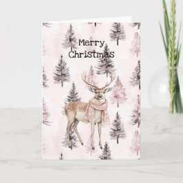 Blush Pink Cream Deer Scarf Christmas Trees Kaart