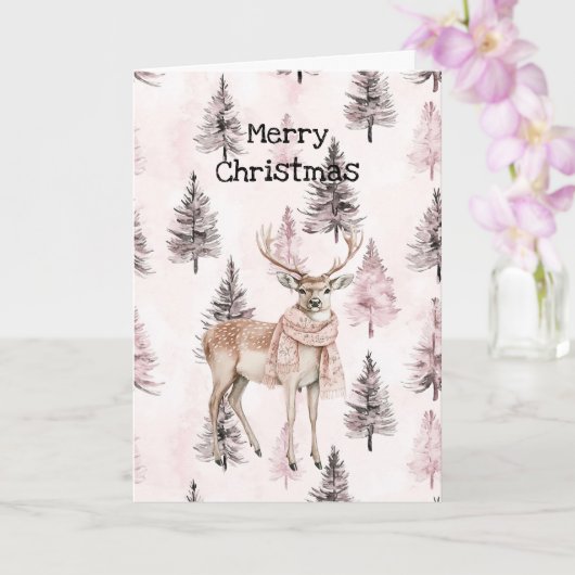 Blush Pink Cream Deer Scarf Christmas Trees Kaart (Orchidee)