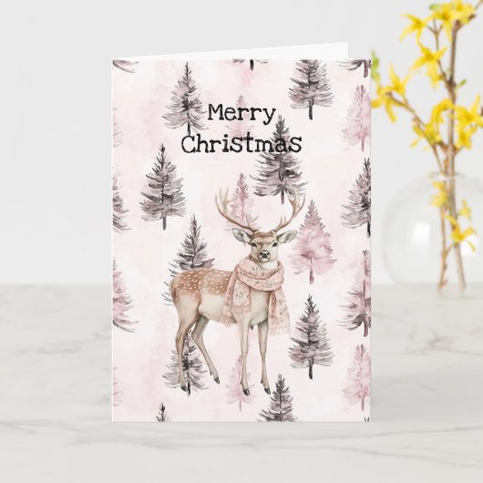 Blush Pink Cream Deer Scarf Christmas Trees Kaart (Gele Bloem)