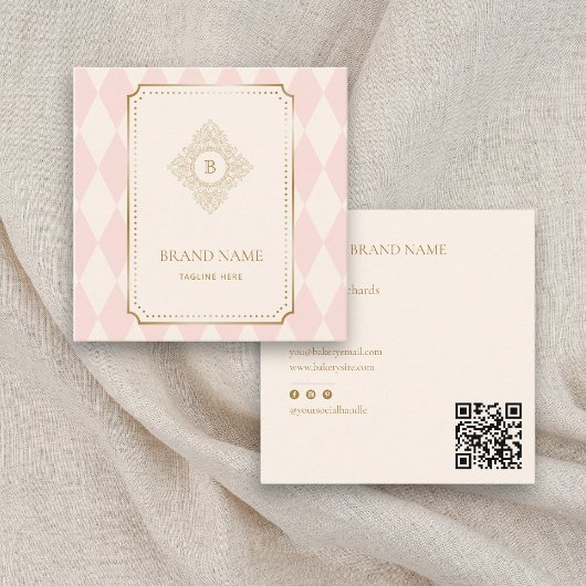 Blush Pink Cream Diamond Gold Frame Monogram Vierkante Visitekaartje