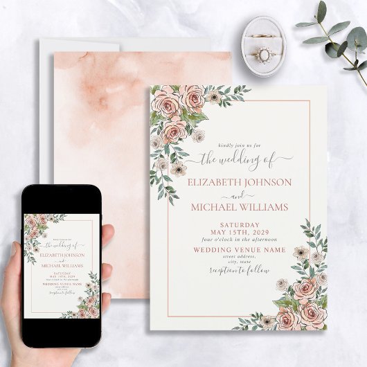 Blush Pink Cream Floral Script Waterverf Weddensch Kaart
