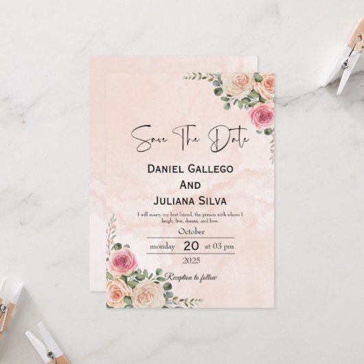 Blush Pink Cream Floral Wedding Save the Date Kaart (Voorkant / Achterkant in situ)