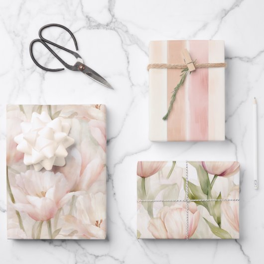 Blush Pink Cream Peach Tulips Floral Vrijgezellenf Inpakpapier Vel (Voorkant)