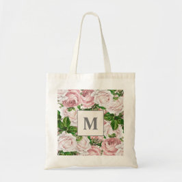 Blush Pink Crème Floral Monogram Initiaal Tote Bag