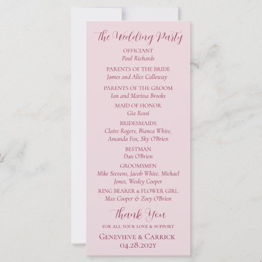 Blush Pink & Crimson Red Wedding Programma (Achterkant)