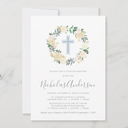 Blush Pink Cross met Cream Florals, Boy Baptisme Kaart (Voorkant)