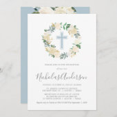 Blush Pink Cross met Cream Florals, Boy Baptisme Kaart (Voorkant / Achterkant)