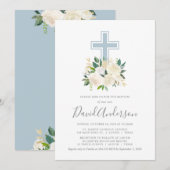 Blush Pink Cross met Cream Florals, Boy Baptisme Kaart (Voorkant / Achterkant)