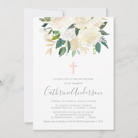 Blush Pink Cross met Cream Florals, Girl Baptism Kaart (Voorkant)
