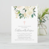 Blush Pink Cross met Cream Florals, Girl Baptism Kaart (Staand voorkant)
