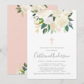 Blush Pink Cross met Cream Florals, Girl Baptism Kaart (Voorkant / Achterkant)