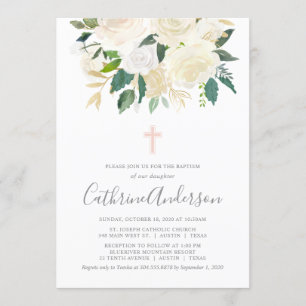 Blush Pink Cross met Cream Florals, Girl Baptism Kaart