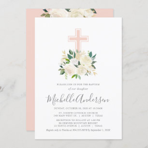 Blush Pink Cross met Cream Florals, Girl Baptism Kaart