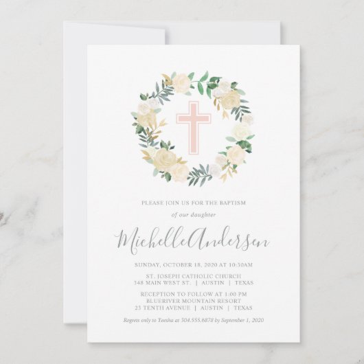 Blush Pink Cross met Cream Florals, Girl Baptism Kaart (Voorkant)