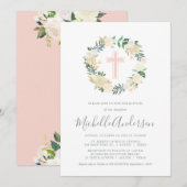 Blush Pink Cross met Cream Florals, Girl Baptism Kaart (Voorkant / Achterkant)