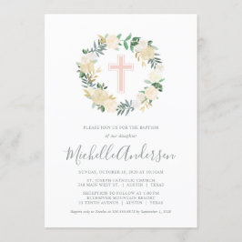 Blush Pink Cross met Cream Florals, Girl Baptism Kaart