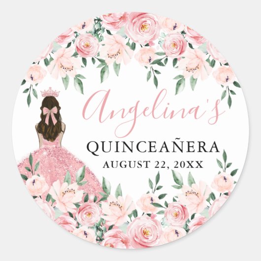 Blush Pink Crown Floral Quinceanera Ronde Sticker (Voorkant)