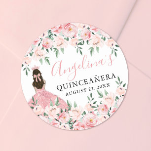 Blush Pink Crown Floral Quinceanera Ronde Sticker