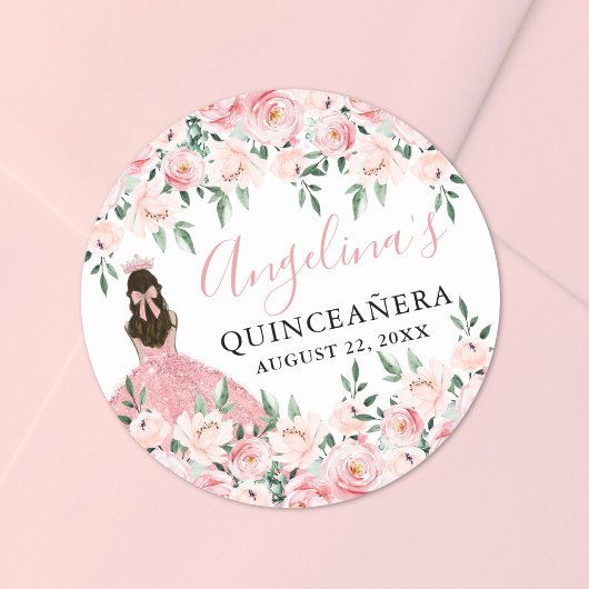 Blush Pink Crown Floral Quinceanera Ronde Sticker