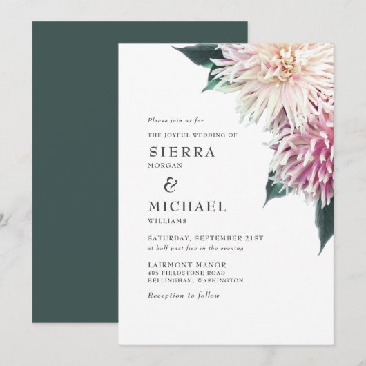 Blush Pink Dahlia Floral Forest Green Wedding Kaart (Voorkant / Achterkant)
