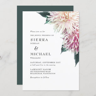 Blush Pink Dahlia Floral Forest Green Wedding Kaart