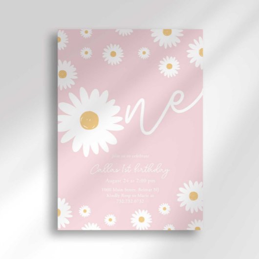 Blush Pink Daisy 1e Verjaardag Uitnodiging
