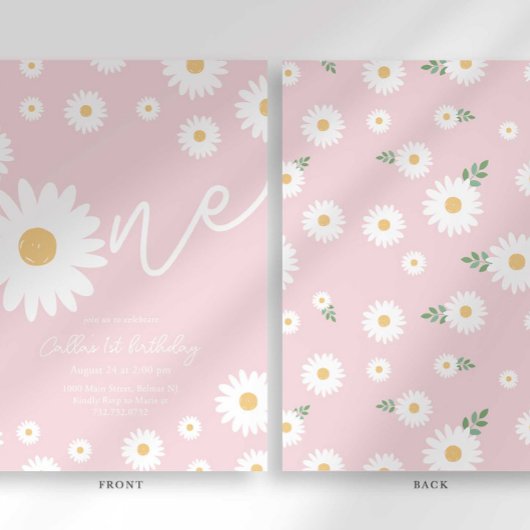 Blush Pink Daisy 1e Verjaardag Uitnodiging