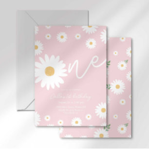 Blush Pink Daisy 1e Verjaardag Uitnodiging
