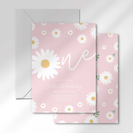 Blush Pink Daisy 1e Verjaardag Uitnodiging