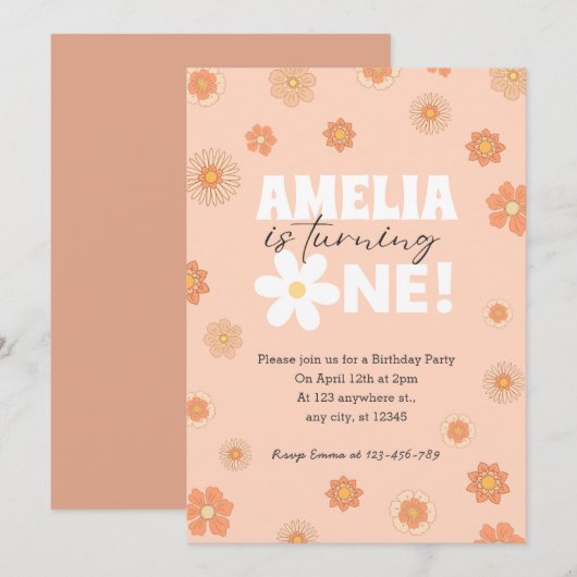 Blush Pink Daisy Eerste Verjaardag Uitnodiging (Voorkant / Achterkant)