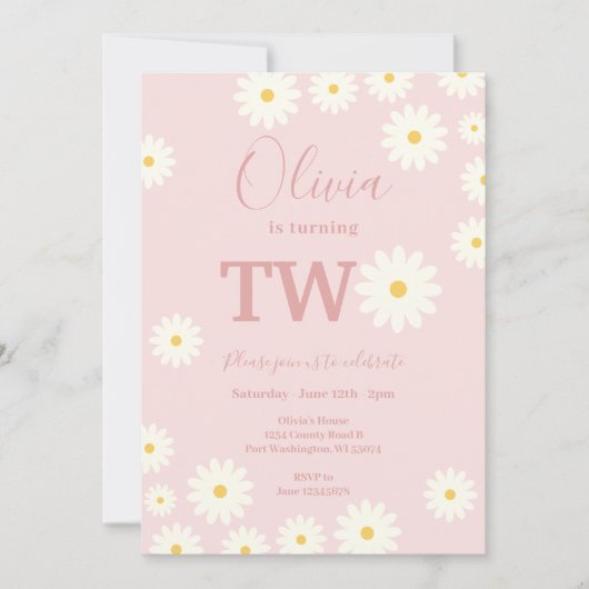 Blush Pink Daisy Floral 2e Verjaardagsfeest Kaart (Voorkant)