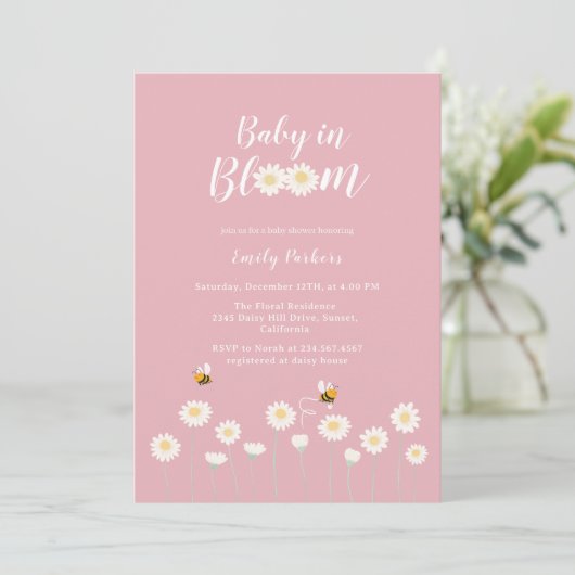 Blush Pink Daisy Floral Baby in Bloom Girl Shower Kaart (Staand voorkant)